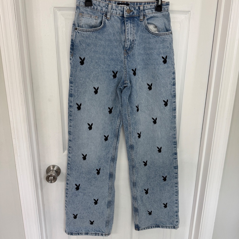 Playboy‎ Womens Light Wash Embroidered Bunny Head Straight Leg Jeans Size 25